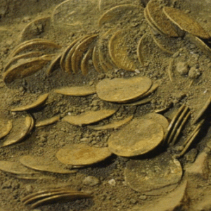 Monete antiche riportate alla luce in uno scavo archeologico