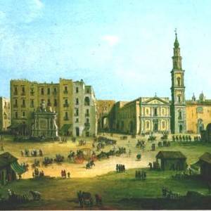 Piazza Mercato e la Chiesa del Carmine in un vecchio affresco