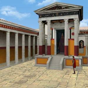 Il protagonista del videogame della “Imago M” ai piedi di un antico tempio romano