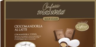 La scatola della nuova linea di Confetti Maxtris con cioccolato Caffarel